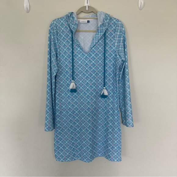 CABANA LIFE Preppy Blue/Pink Geo Drawstring Hooded Coverup Dress UPF 50 Size M - Picture 1 of 8